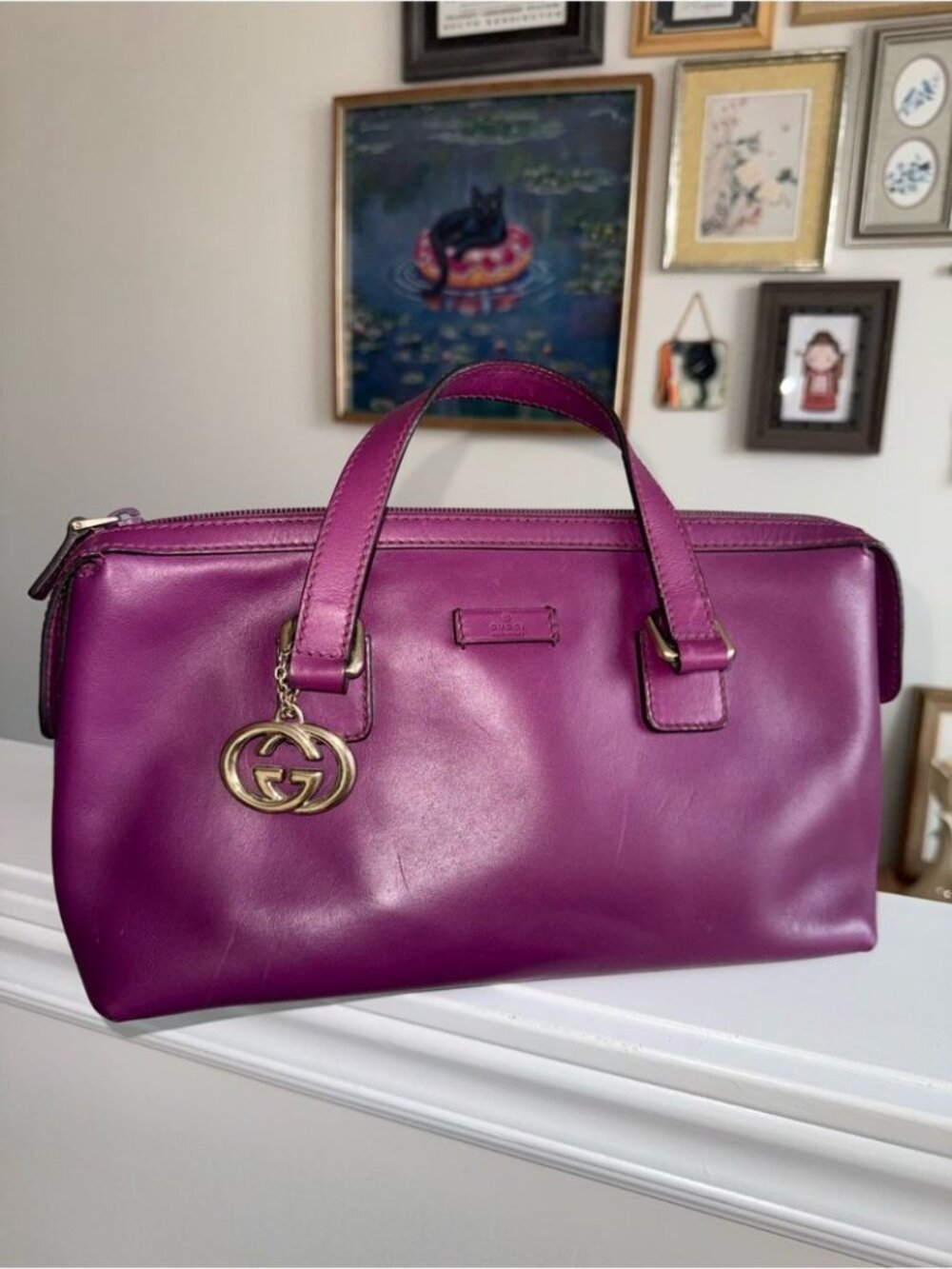 Gucci Purple Leather Top-Handle Satchel with Gold-Tone Logo Charm - Picture 2 of 13